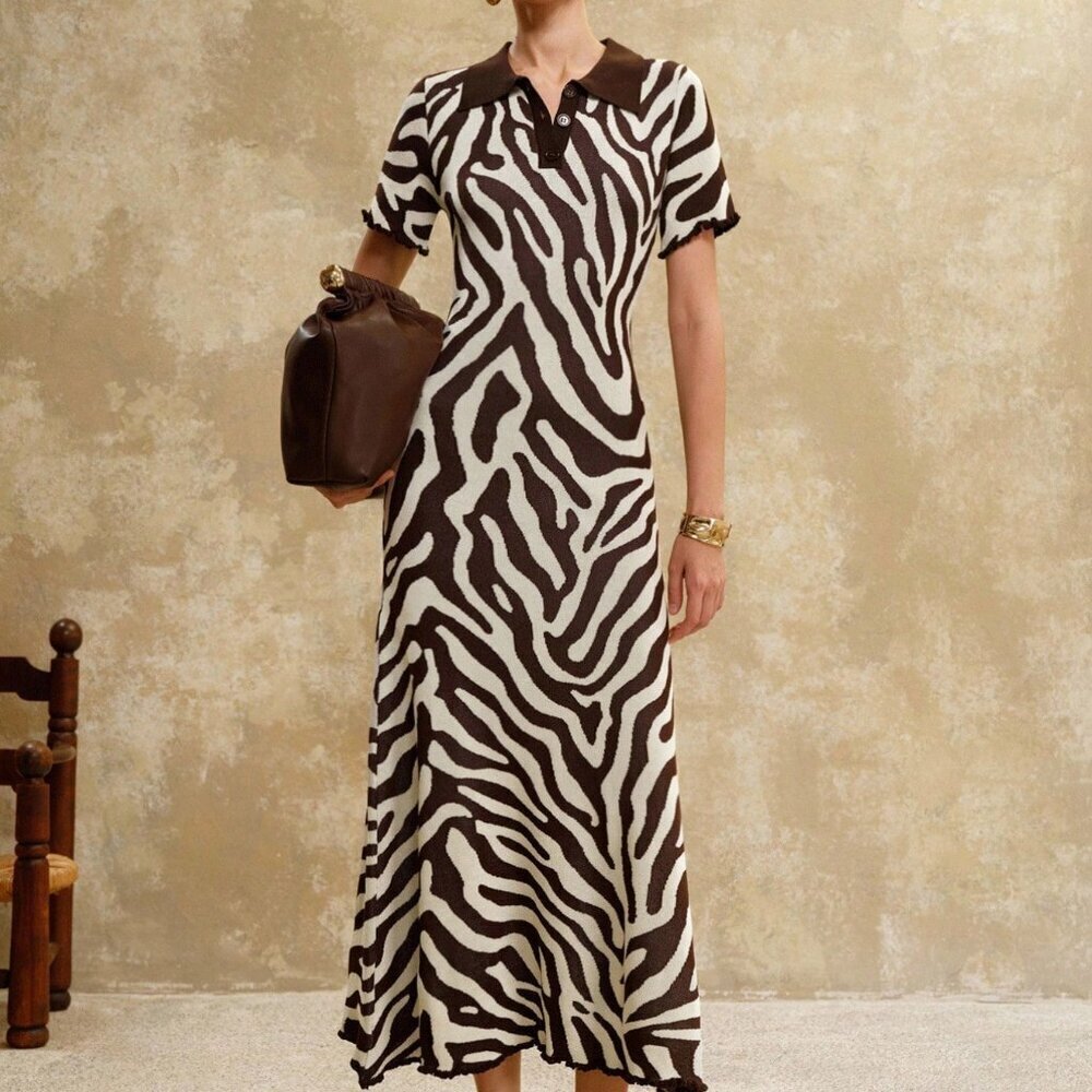 Multicolor Casual Women's Polo Neck Zebra Jacquard Dress